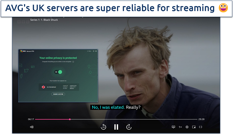 Screenshot of Charlie Cooper's Myth Country streaming on BBC iPlayer with AVG Secure VPN connected