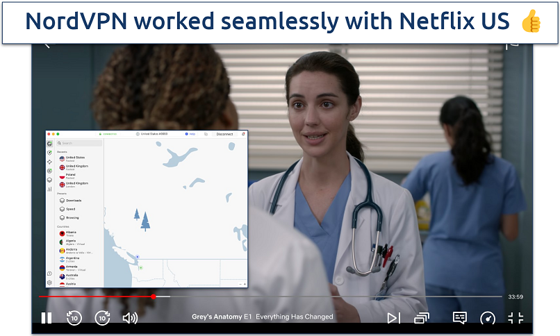 Screenshot of Grey's anatomy streaming on Netflix US with NordVPN connected