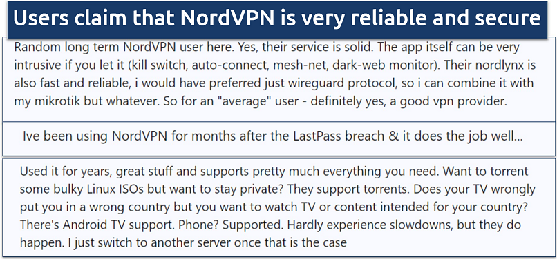 Screenshot of Reddit thread claiming NordVPN offers fast speeds and robust security