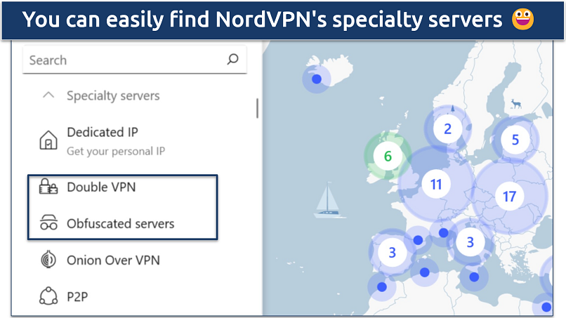 Screenshot of NordVPN dashboard showing Double VPN and Obfuscated server