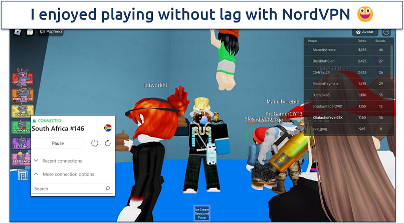 Screenshot of Roblox being played while connected to NordVPN's server in South Africa