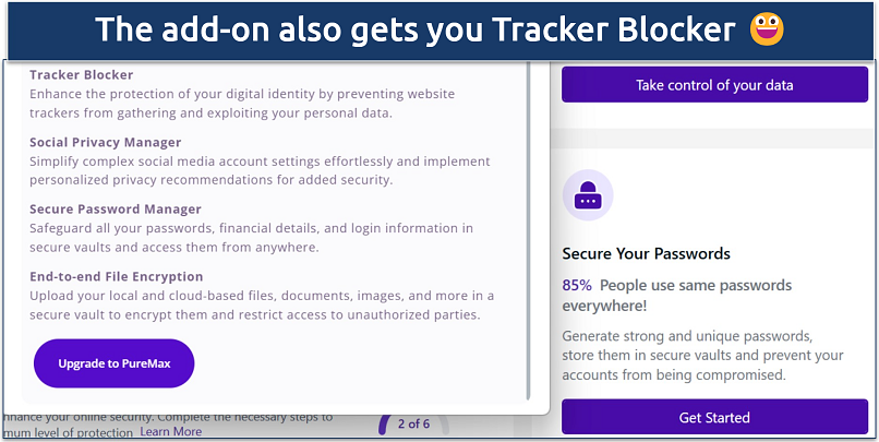 Screenshot of PureVPN Windows dashboard showing some of the features you get with the add-on