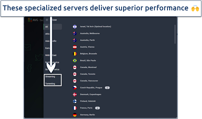 Screenshot showing AVG's server list