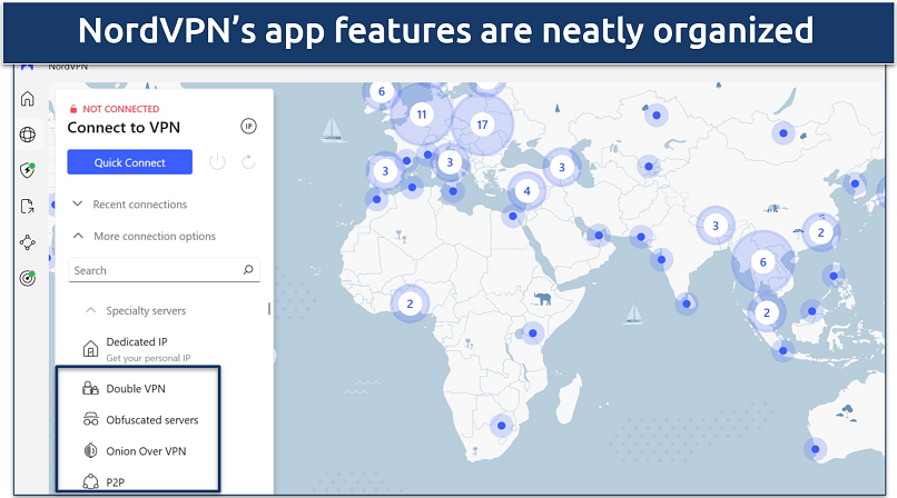 Screenshot of NordVPN dashboard showing Double VPN and Obfuscated server