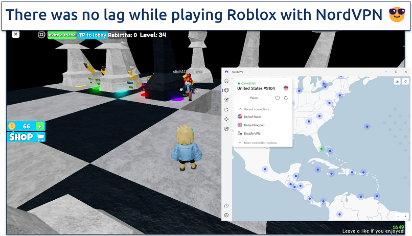 Screenshot of Roblox being played while connected to NordVPN US server