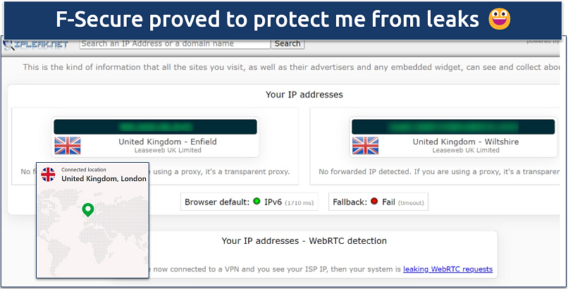 Screenshot of IPleak test results showing that F-Secure Freedome protected my IP from leaking