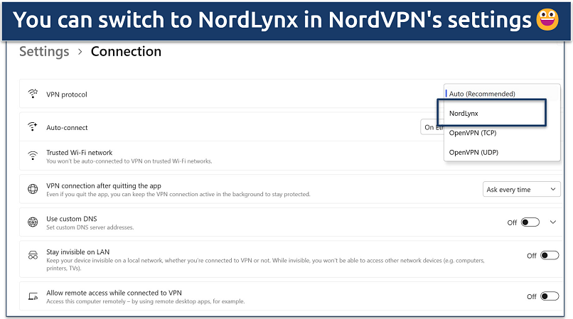 Screenshot of NordVPN Windows dashboard showing the protocol options