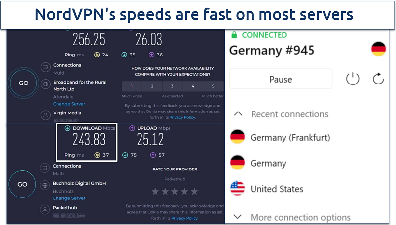 Screenshot of a speed test showing rates not connected to the VPN vs connected to a server in Germany