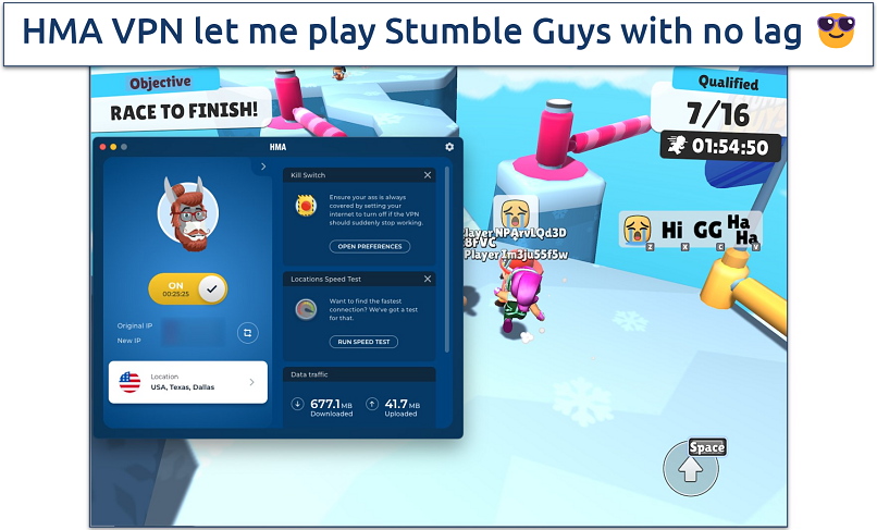 Screenshot of the game Stumble Guys with the HMA VPN app connected to a US server