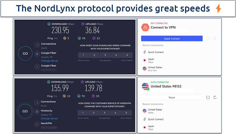 NordVPN speed test results on a US server