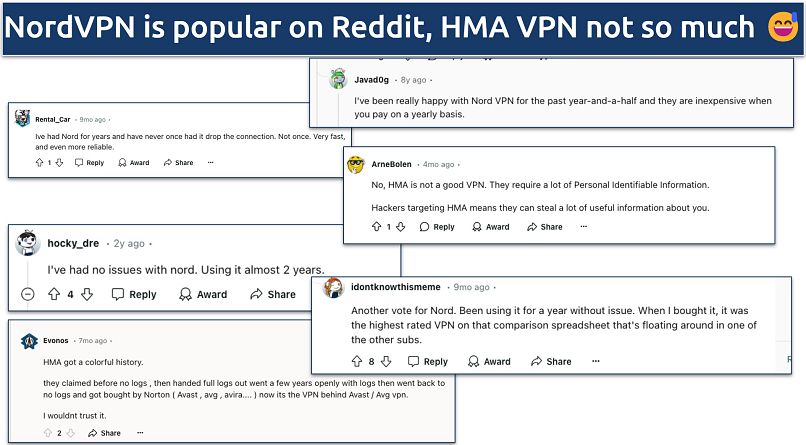 Screenshot of various Reddit threads on NordVPN and HMA VPN