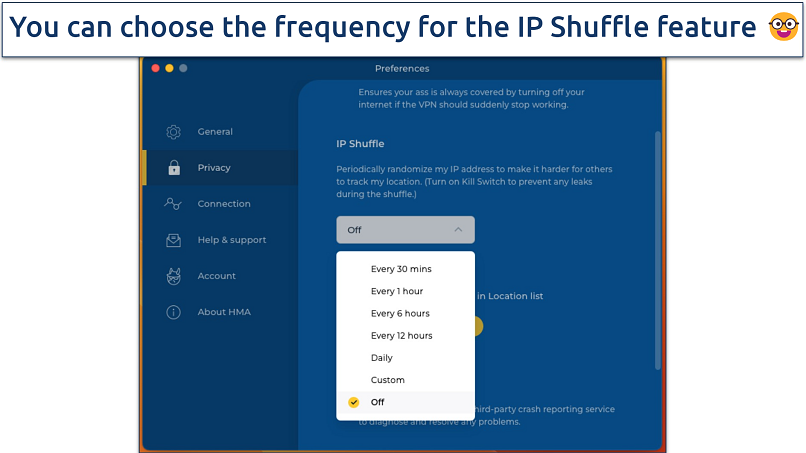 Screenshot of the settings menu in the HMA VPN app