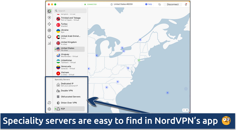 Screenshot of the server list in the NordVPN app