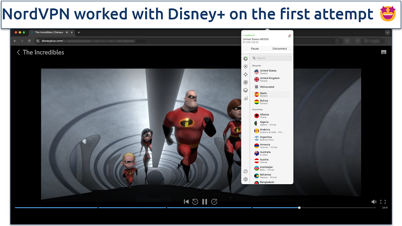 Screenshot of the NordVPN app with Disney+ in the background