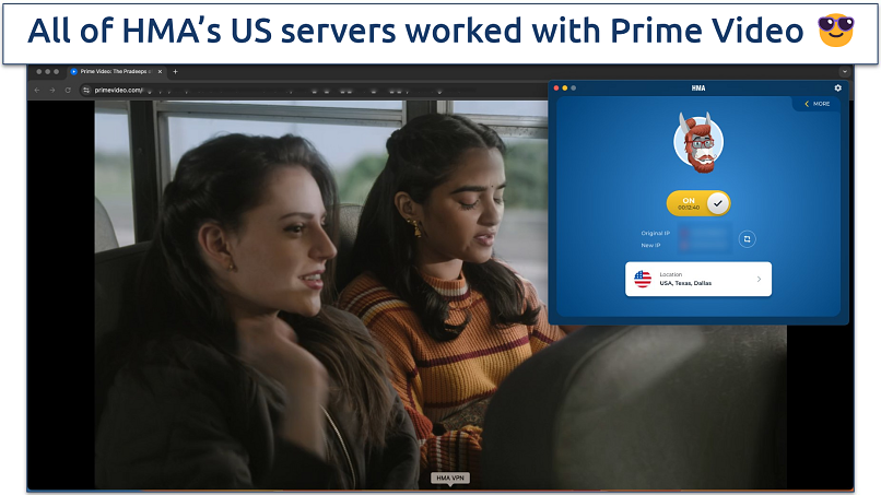 Screenshot of HMA VPN app with Amazon Prime Video in the background