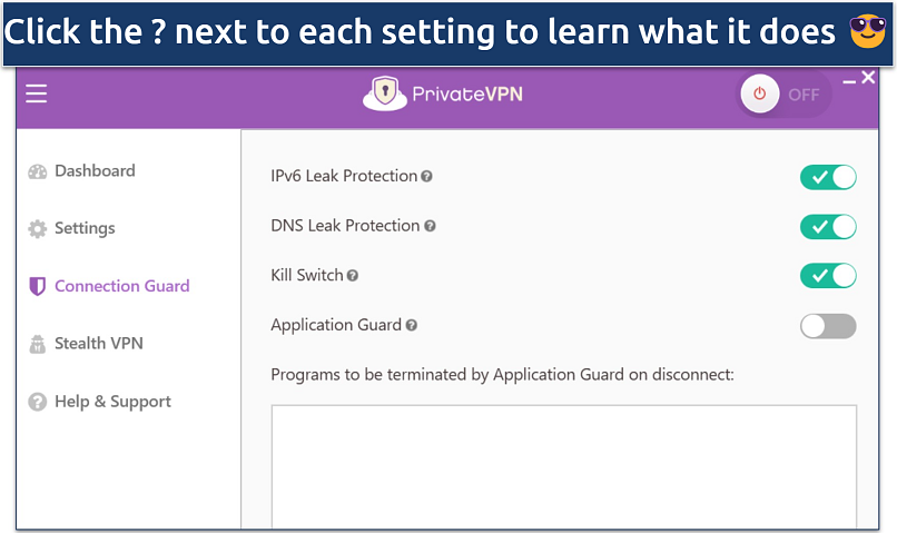 Screenshot of the PrivateVPN Windows app showing more advanced features