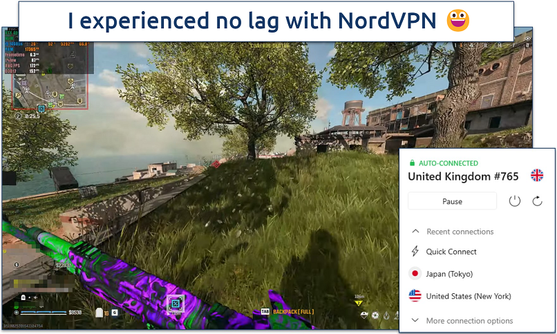 Screenshot of Warzone being played while connected to NordVPN's server in the UK