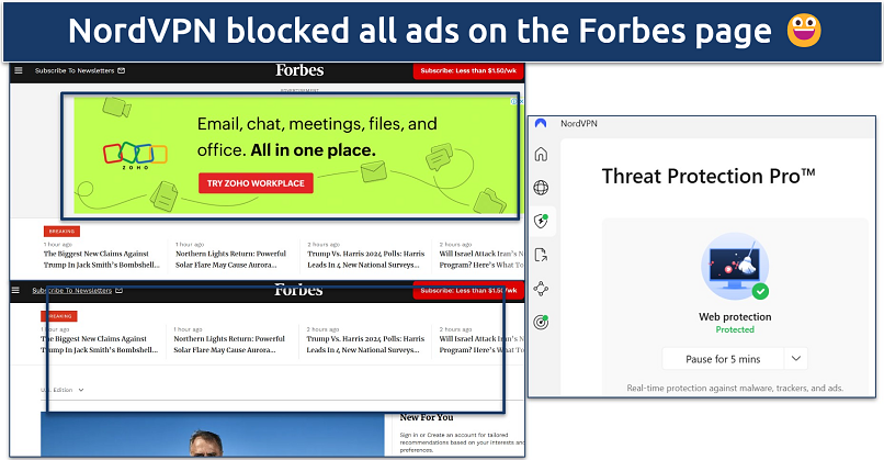 Screenshot of Threat Protection blocking ads on Forbes website