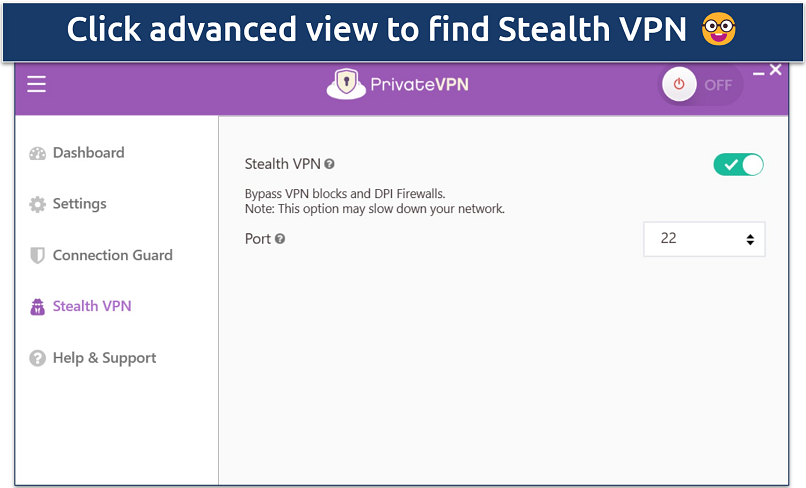 Screenshot PrivateVPN Windows app showing Stealth VPN activated