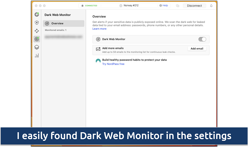 Screenshot of the Dark Web Monitor feature in the NordVPN app