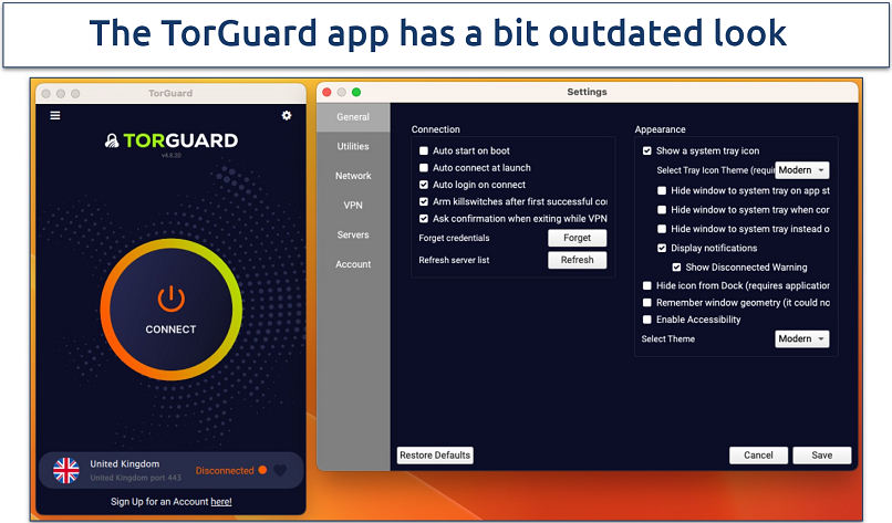 Screenshot of the TorGuard app interface