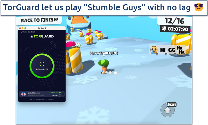 Screenshot of the game Stumble Guys with the TorGuard app connected to a UK server