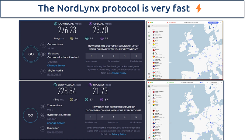 NordVPN speed test results on a UK server