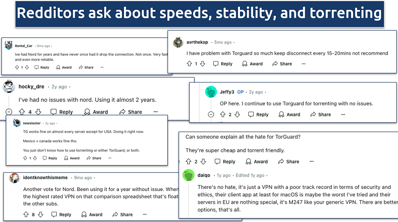 Screenshot of various Reddit threads on NordVPN and TorGuard