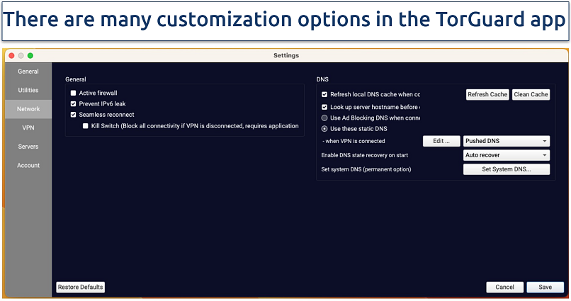 Screenshot of the settings menu in the TorGuard app