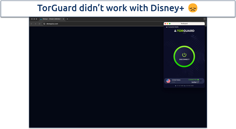 Screenshot of TorGuard app with Disney+ in the background