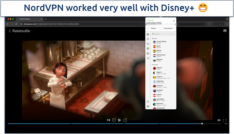 Screenshot of NordVPN app with Disney+ in the background