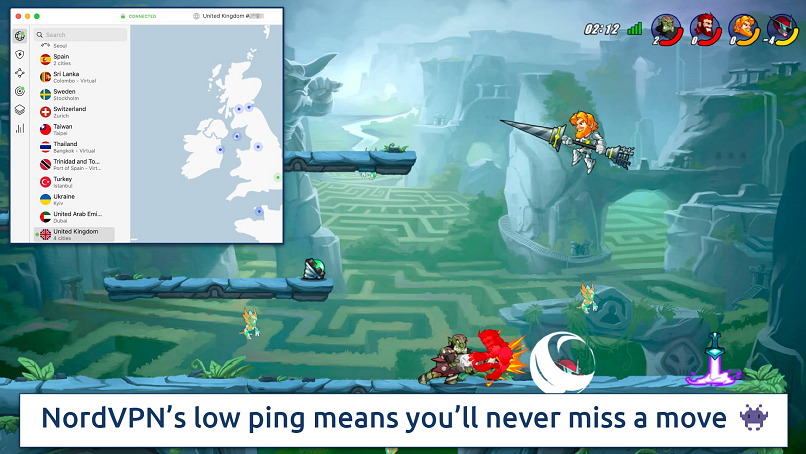 Screenshot showing the NordVPN app over an online game
