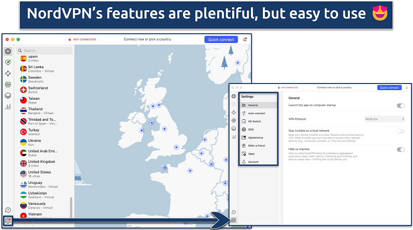 Screenshot showing the NordVPN app