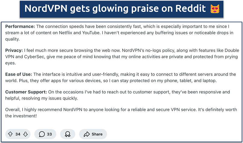 Screenshot of a positive Reddit review for NordVPN