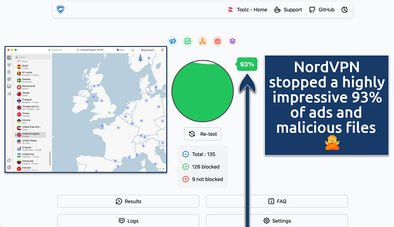 Screenshot showing the NordVPN app over an online ad blocking test tool