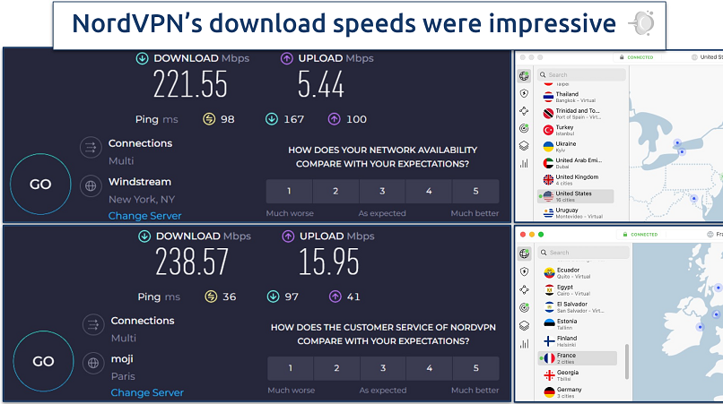 Screenshot showing speed tests alongside the NordVPN app