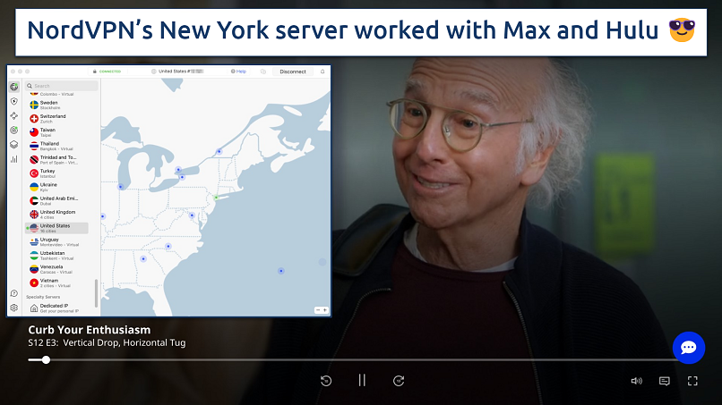 Screenshot showing the NordVPN app connected to a New York server over a browser streaming Max