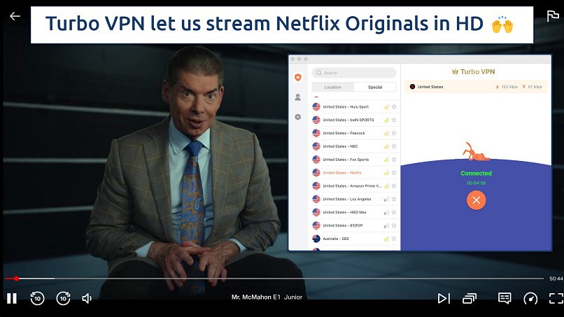 Screenshot showing the Turbo VPN app connected to the United States - Netflix server