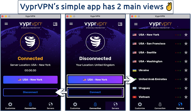 Screenshot of the main views of the VyprVPN app