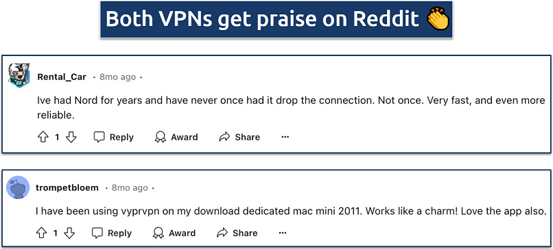 Screenshot of positive posts on Reddit for NordVPN and VyprVPN