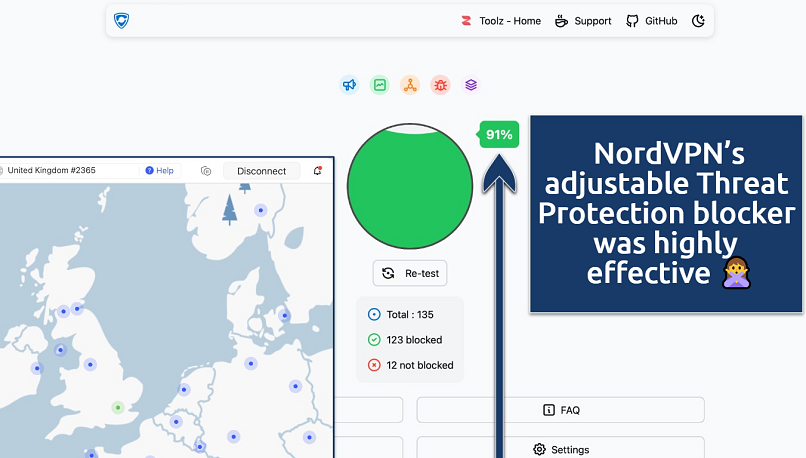 Screenshot of the NordVPN app over an online ad blocker test