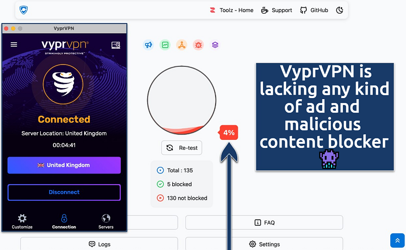 Screenshot of the VyprVPN app over an online ad blocker test