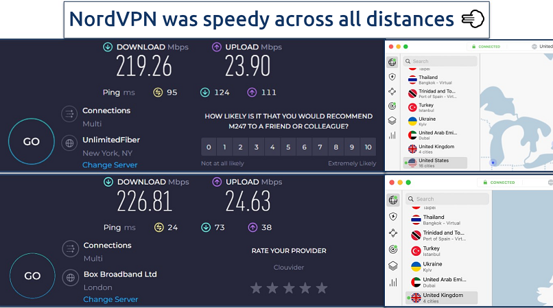 Screenshot showing speed tests from the US and UK with NordVPN