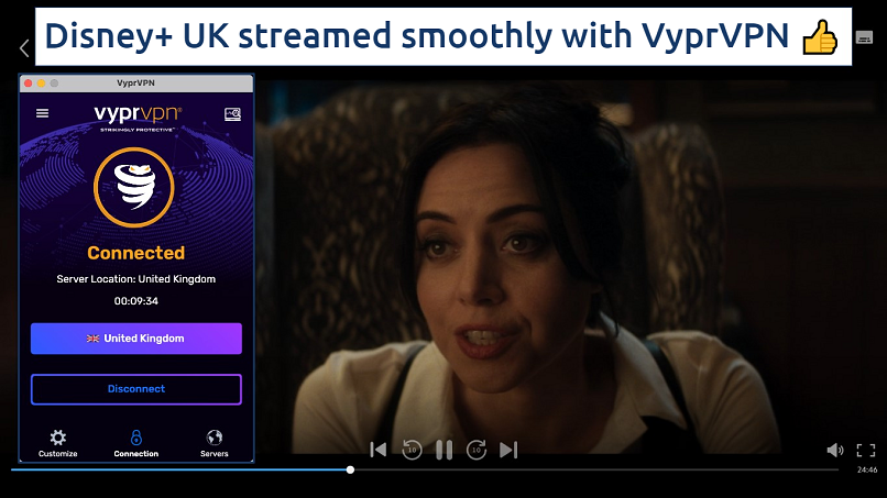 Screenshot showing the VyprVPN app over a web browser streaming Disney+