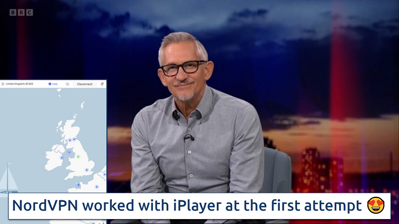 Screenshot showing the NordVPN app over a web browser streaming iPlayer