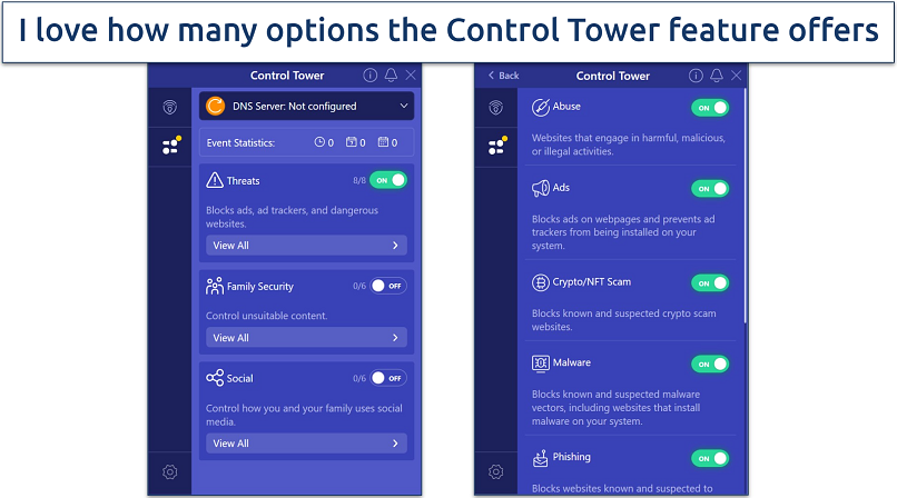 Screenshot of the PrivadoVPN Windows app highlighting the Control Tower blocker feature