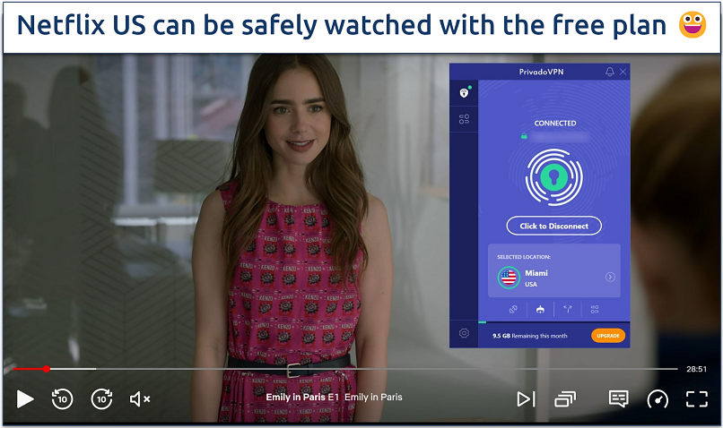 Screenshot of Netflix player streaming Emily in Paris while connected to PrivadoVPN's free Miami server