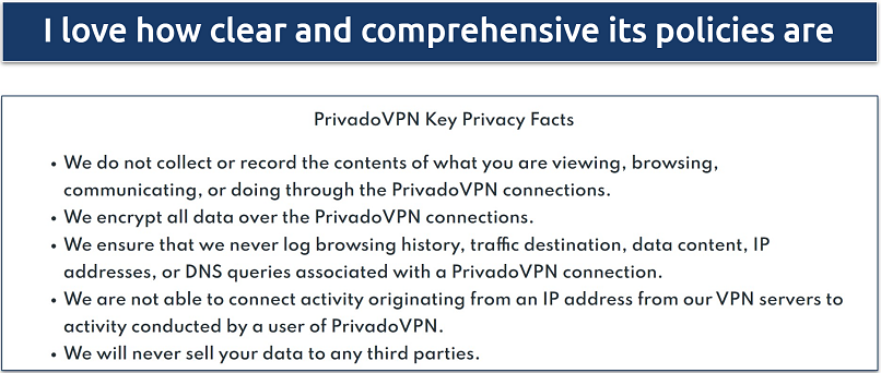 Screenshot of PrivadoVPN's privacy policy in the section labelled