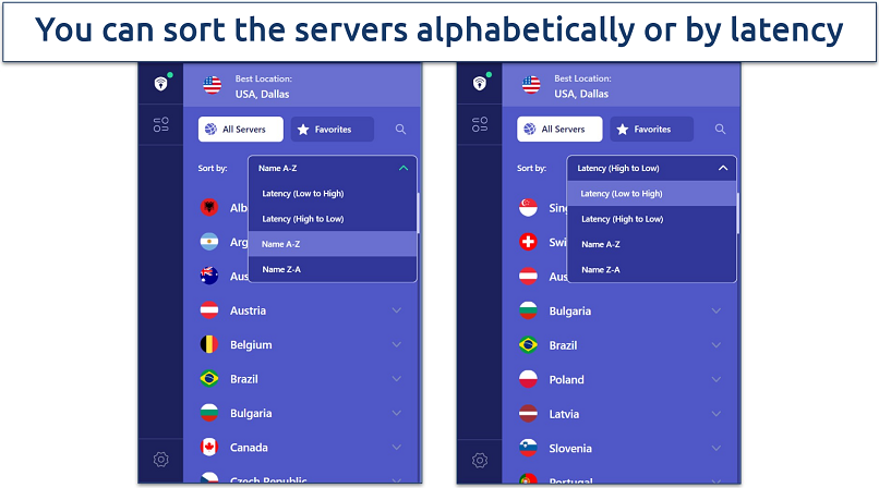 Screenshot displaying the Windows app highlighting the different ways to sort the servers