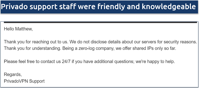 Screenshot of a conversation with Privado support where they state they can't offer more information about their server network 